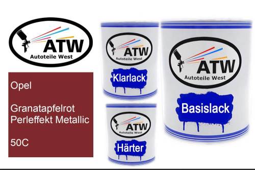 Opel, Granatapfelrot Perleffekt Metallic, 50C: 1L Lackdose + 1L Klarlack + 500ml Härter - Set, von ATW Autoteile West.